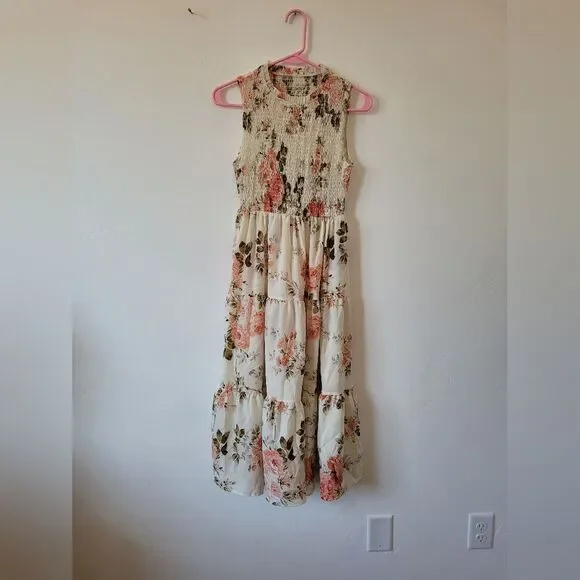 Cream Floral Midi Dress Smocked Tiered Fairy Cottage Whimsical Pastoral Maiden S - Picture 5 of 10
